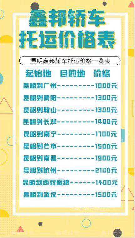 昆明出發(fā)，各地轎車托運(yùn)價格一覽